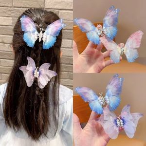 2pcs Moving Wings Big Butterfly Gradient Color Butterfly Hairpin Childrens Hairpin Girls Headgear