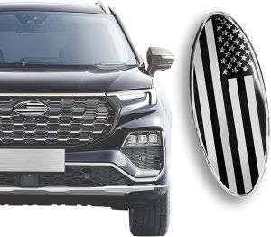 Front Grille American Flag Emblem for  - 9 Inch Aluminum Oval Emblem Car Exterior Accessories fit for F150 F250 F350 (Black)