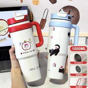 316สแตนเลสภายในหม้อความจุขนาดใหญ่ฉนวนถ้วยการ์ตูนพิมพ์ฤดูร้อนไอศครีมถ้วยนมชาถ้วยกาแฟฉนวนและน้ำเย็นถ้วยที่มีฝาปิดถ้วยดื่มคู่