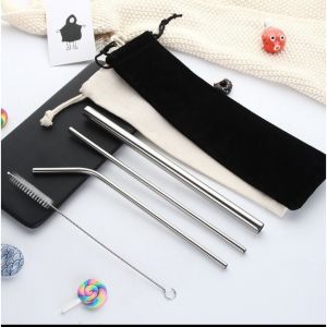 Sedotan stainless setsedotan anti karat stainless steel straw 5in1 3 sedotan + sikat + pouch J16