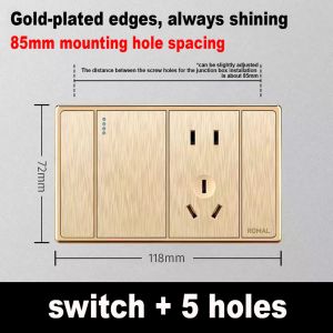85 hole space Brushed Gold Wall Socket 220V 2 Switches Universal Power Outlets multi holes Sockets