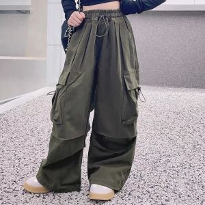Kids Cargo Pants for Girl Multi-pockets 7-15yrs High Waist Jogging Pants Loose Fit Wild-Leg Pants Baggy Pants for Girl