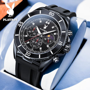 PLAYBOY นาฬิกาผู้ชายแบรนด์แท้กันน้ํา 2025 เทปใหม่กีฬาแฟชั่นนาฬิกาควอตซ์ส่องสว่างดวงอาทิตย์และดวงจันทร์เฟสฟังก์ชั่นนาฬิกาสบาย ๆ