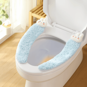 OFTBT กาวยึดติด แผ่นรองห้องน้ำขนแกะ หนาขึ้น สะดวกสบาย แผ่นรองห้องน้ำที่ล้างทำความสะอาดได้ อบอุ่นและสบาย ไม่ลื่น แผ่นรองห้องน้ำลายการ์ตูนกระต่าย ใช้ในบ้าน