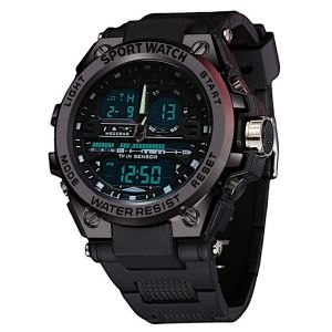 Jam Tangan Pria Sporty - Strap Tali Karet Hitam Dial Bulat Kompartemen Chronograph Water Resist
