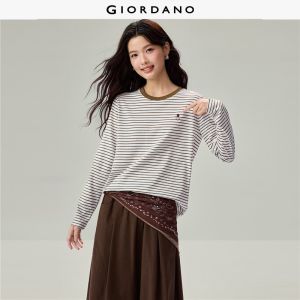 GIORDANO Women T-Shirts 100% Cotton Striped Regular Tee Floral Embroidery Long Sleeve Fashionable Casual T-Shirts 05326862
