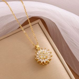 AE Elegant Rotating Full-Diamond Sunflower Pendant Titanium Steel Necklace for Women Light Luxury Niche Design Non-Fading Clavicle Chain