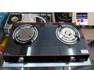 Lucky Flame เตาแก๊สตั้งโต๊ะ หัวทองเหลือง + หัวอินฟาเรด หน้ากระจก รุ่น AG-2102S - สีดำ