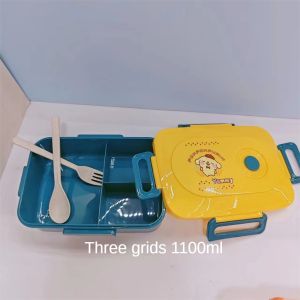 Hourser 1100ml Cartoon Lunch Box with spoon anf fork Microwave Three-compartment cute kuromi Cinnamoroll Office Worker Students school Bento Box