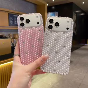Luxury Girly Coquette Sparkling Full Pearl Phone Case for 17 Pro Max Crystal Rhinestone Cover for iPhone 16 15 14 13