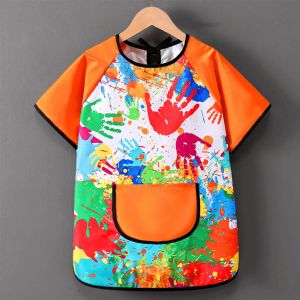 UUMIR กันน้ำกันน้ำได้ ผ้ากันเปื้อนพิมพ์ลายแขนสั้น วาดภาพแต่งตัว ทำความสะอาดได้ง่าย ผ้ากันเปื้อนในครัว  รูปแบบสุ่มรูปแบบ อบ bibs