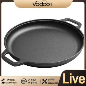 กระทะเหล็กหล่อเคลือบไม่ติดใช้งานได้หลากหลายสำหรับทำแพนเค้ก พิซซ่า และเนื้อในสีดำคลาสสิก 26ซม