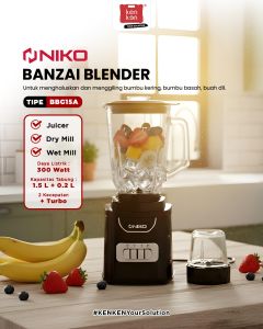 NIKO Banzai Blender Listrik 3IN1 Juice 1.5 Liter Glass + Dry Mill BBG15A Blender Kaca 1.5L NIKO