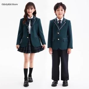 Boys Green Blazers Pants School Uniform Girls Jacket Skirt Shirt Tie Suits Kids Formal Dress Tuxedo Children Student Clothes Set2026