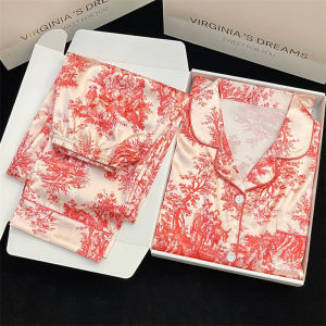 Womens Spring and Summer Long-sleeved Trousers Two-piece Set Cool Soft Satin Ice Silk Home Clothes Long Sleeved Red Floral Pjs