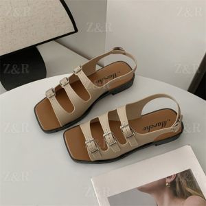 Z&R Store New 2025 Summer New Vintage French Belt Buckle Flat Versatile Roman Sandals For Women (STANDARD SIZE)