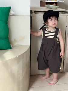 Boys summer thin clothing 2026 New baby clothes summer style Korean version childrens clothing childrens striped outfits T Overalls set