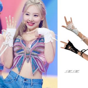 Nayeon găng tay có dây đeo tương tự găng tay không ngón tay Y2K Găng tay nữ biểu diễn sân khấu nhóm nữ JK Goth ống bảo vệ cổ tay mắt cá chân Harajuku