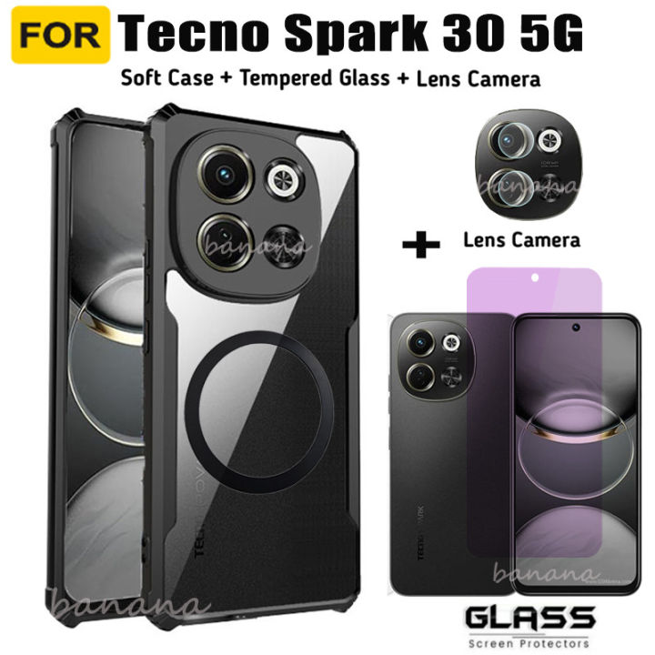 For Tecno Spark 30 5G Anti-Drop Acrylic Shell Protective Cover With Ring Iron Sheet Magnet For Tecno Spark 30 Pro 20 Pro 5G 30C Anti-blue Ray Tempered Glass and Lens Film