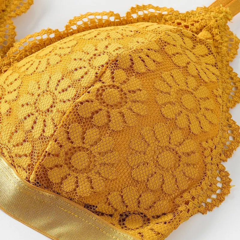 Yellow Embroidered Flower Lace Yellow Lace Bra Set Push Up