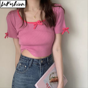 LuFashion Crop Tops for Women Summer Korean Slim Short Sleeve Knitted Top
