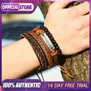 Pria Gelang Pria 4-Piece Set Kulit Sapi Paduan Tali Dikepang Manik-Manik Disesuaikan Gelang Hadiah