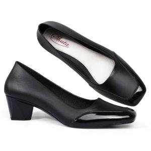 New Womens black shoes stylish patchwork glossy black shoes Rubber non-slip sole suitable for students and work slip-on 5CM trendy black shoes waterproof black shoes 095523