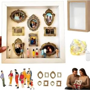 LLCY Gold Frames DIY Mini Museum Silhouette Box LED Light String Memory Preservation Shadow Box Frame Creative Mini Figurines Photo Frame for Anniversary Gift