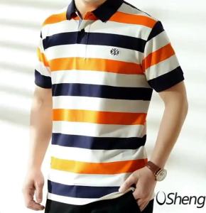 FCOSheng Mens Plus Size Polo Shirt with Lapel Stripes in Navy Red White Blue