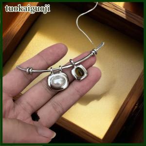 tuokaiguoji Korean Fashion Vintage Geometry Tigereye Stone Pearl Pendant Silver Color Snake Chain Choker Necklaces For Women Trendy Jewelry
