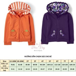 Áo khoác bé gái nỉ mỏng mịn có nón VNXK dư xịn size 12m-8T (9-28kgs) Áo khoác nhẹ bé gái mẫu giáo cấp 1. Áo khoác trái bí halloween