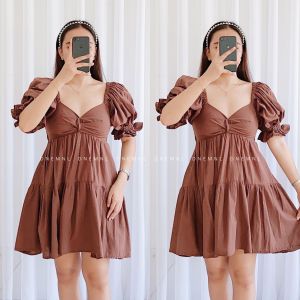 DNEMNLPH Paulina Eyelet Puff Sleeves Premium Layered Dress - Trendy Korean BKK High Quality Casual Vintage Dress Basic Daily Garter Loose Big Size Plain Formal Stretch