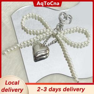 [COD] AqToCna Ship within 24 hours Delicate Beaded Key Chain Handmade Bow Shaped Keyring Heart Keychain Ornament Pearl Decoration For Bags And Phones