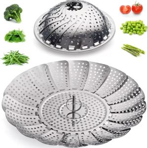 Top Seller EXPANDABLE and COLLAPSIBLE STEAMER BASKET | Multifunctional Foldable Drain Steamer Basket | Retractable Steaming Plate Rack | Folding Basket Steamers for Veggie Seafood Cooking | 100% Smooth Edges High-Grade Stainless Steel Steamer Basket.