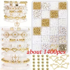 1400pcs/box 6mm Flat Round Polymer Clay Beads Plastic Alphabet Letter Heart Beads Gold Heart Star Charm Beads with 5M elastic String Jewelry Making Kit Box for DIY Bracelet Necklace Jewelry Making Supplies
