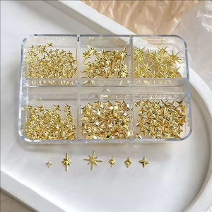 Dorisna 6Girds 3D Metal Stars Nail Rivet Studs Decoration Gold Silver Starlight Jewelry Nail Charms Punk Alloy Nail Art Accessories