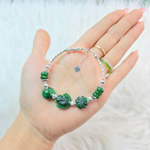 Lắc bạc ngũ điếu cỏ 4 lá hồ ly túi tiền Ngọc Cẩm Thạch Sơn Thủy dây xâu lõi bạc freesize - Phong Thuỷ TUDO