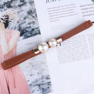 Thắt lưng nữ co giãn 4 ngọc màu trơn Đai Váy chun nữ Hạt ngọc bản nhỏ 1.5cm bản mỏng khóa kim loại-NIEVE