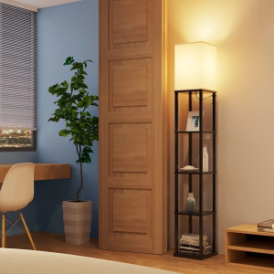 Floor Lamp with Shelves Modern Standing Shelf Lamp with 3 CCT LED Bulb and White Shade