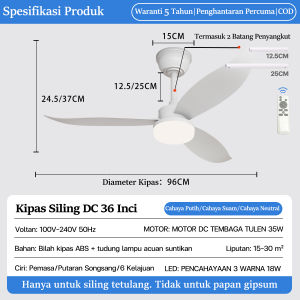 36/42-inch white 3-blade ceiling fan with light pure copper DC motor energy-saving and silent 6 adjustable speeds with remote control reversible/timer function. Suitable for dining room/living room/bedroom