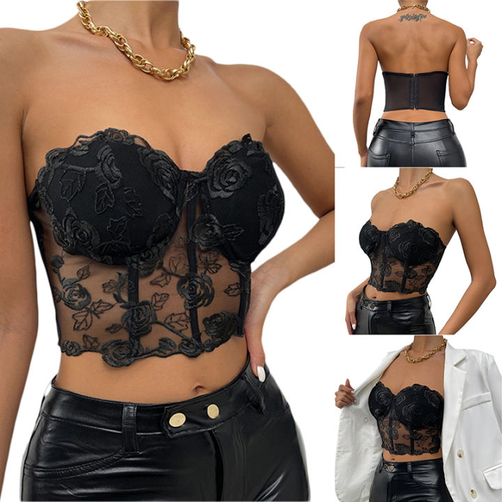 beautifultime Women See Through Floral Lace Corset Bustier Top Tube Tops  Off Shoulder Black Mesh Gothic Corset Top Vintage Victorian Crop Top