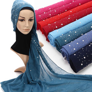 Jifang Women Cotton Starry Rhinestones White Pearls Muslim Hijab Shawl Large Pashmina Scarf Wraps WJ229