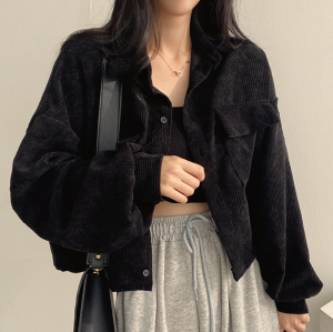 M-XXL Perancis Retro Kemeja Wanita Lengan Panjang Korduroi Dua Saku Jaket Longgar Kerja Kantor Atasan Pendek