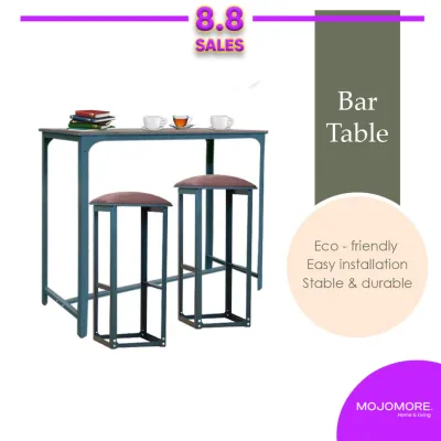 Mojomore Simple Wooden Bar Table with Steel Frame & 2 Units High Bar Stool Set