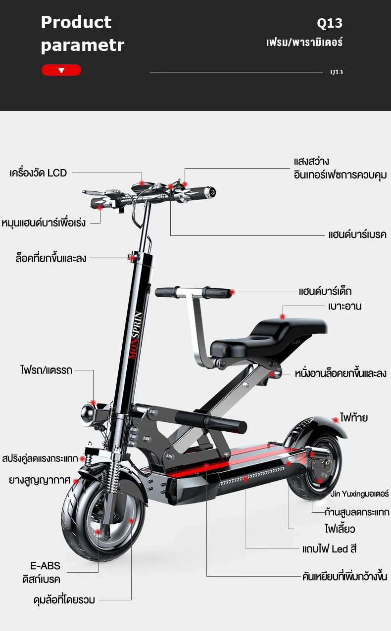 MONSPRIN Q13 สกู๊ตเตอร์ไฟฟ้า พับได้ สไตล์ครอบครัว ขี่40-150 km ความเร็ว 55km/h กันน้ำ&ฝุ่น IP54 รับ200kg SEALUP scooter