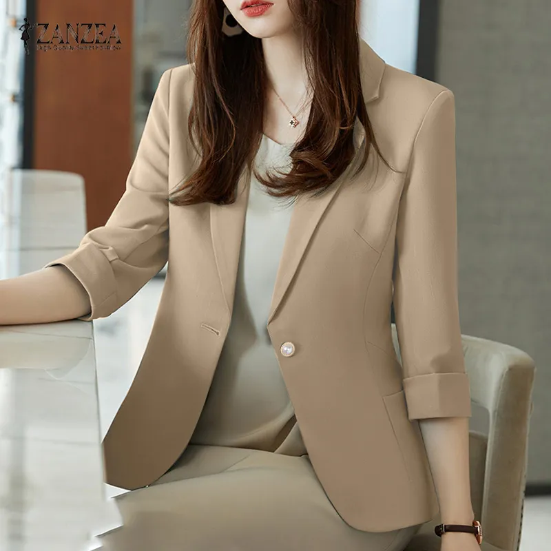 ZANZEA Korean Style Womens Office Button Up Suits Formal Work 3/4 Sleeve  Lapel Blazer #11