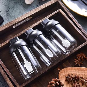 Seasoning Bottle Condiment Glass Jar Bottle Container with Moisture-proof Lid Integrated Spoon Brush Kitchen Accessories for Seasoning Spice Salt Sugar Oil Honey