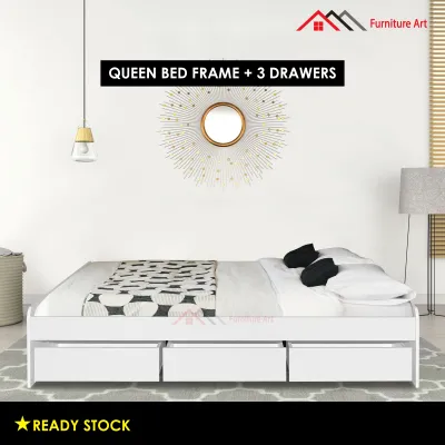 Furniture Art Design Wooden Queen Bed Frame With 3 Storage Drawer box / Queen bed frame with Single pullout bed / Tatami Bed / Platform Bed / Katil Queen dengan Laci Bawah / Katil Queen dengan sinlge Pullout bed