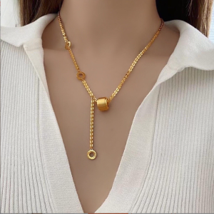 Kalung Titanium Steel 316L Y-Necklace Silinder - Kalung Wanita Anti Karat Tahan Air Emas Rose Gold - Kalung Juntai Titanium Import Korean Style Mewah dan Elegan