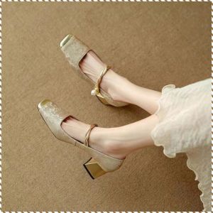 Womens Single Shoes  Fashion Thick Heel Mary Jane Shoes Chinese Style Shallow Mouth Single Shoes High Heel Single Shoes Square Toe Single Shoes 女鞋